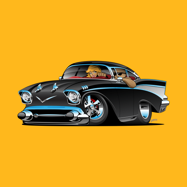 Classic hot rod fifties muscle car with cool couple cartoon by hobrath