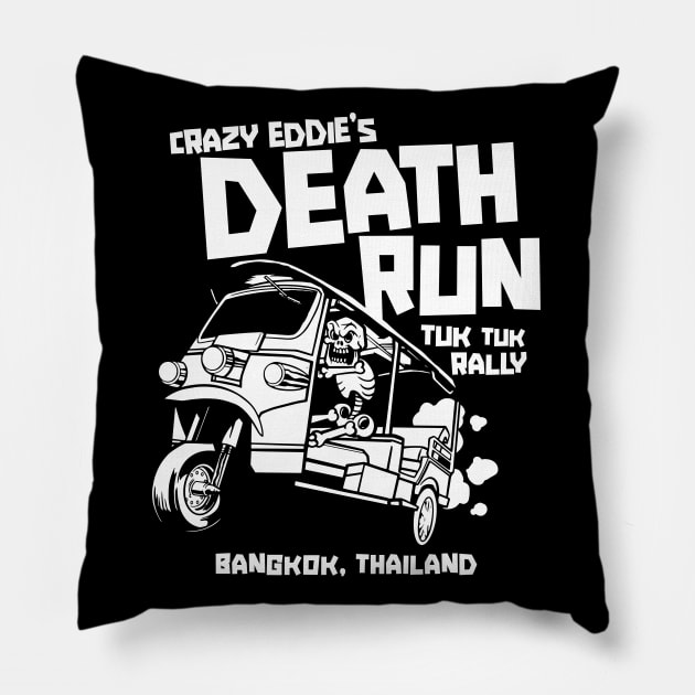 Crazy Eddie's Death Run Tuk Tuk Rally Pillow by SLAG_Creative