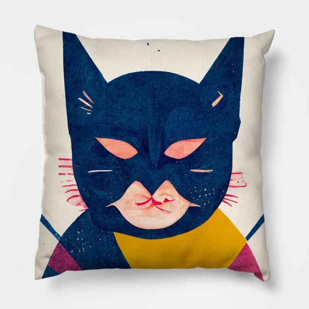 Retro Cat Bat Retro Poster Vintage Art Movie Wall Purple Illustration Pillow by BetterManufaktur