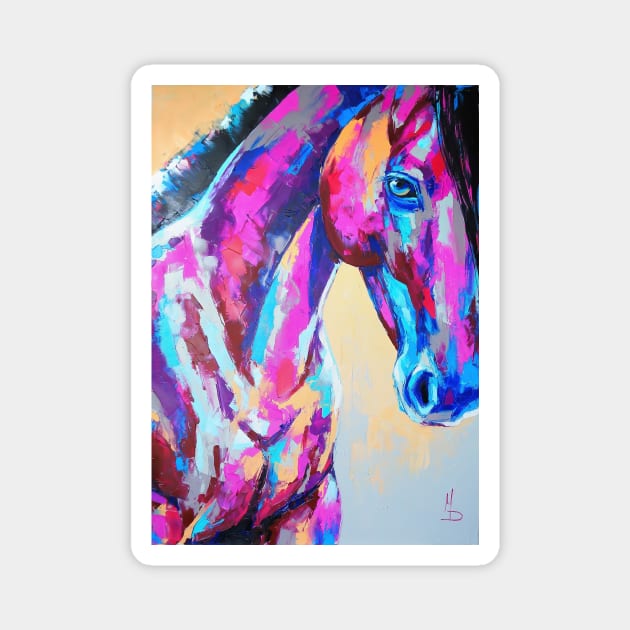 Oil horse portrait painting in multicolored tones. Magnet by MariDein