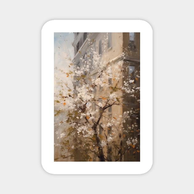 Spring's Arrival: Blossom Tree in Front of a Building Magnet by simonrudd