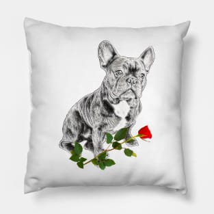 Valentines French Bulldog With Red Rose Pillow