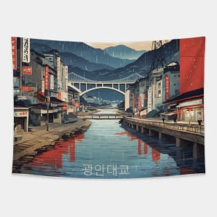 Gwangan Bridge South Korea Rainy Night Travel Tourism Retro Vintage Tapestry