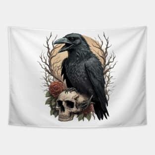 the raven with a skeleton head illustration Tapestry