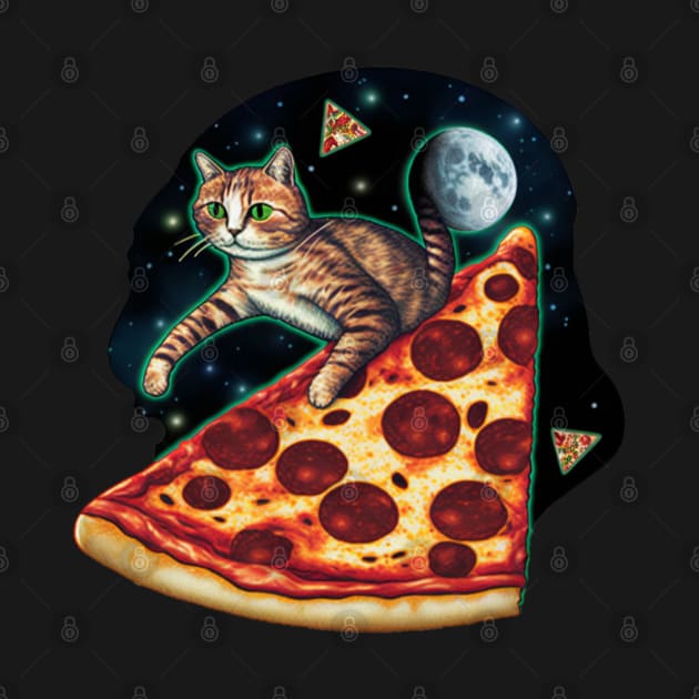 Explorer cat riding a slice of pizza in space by Zachariya420