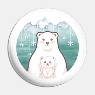 Cute cub polar bear and mum character design with snowflake background. Vector illustration Pin