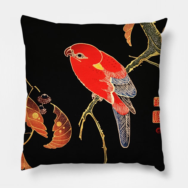 RED PARROT ON A BRANCH OF A TREE Antique Japanese Floral Pillow by BulganLumini