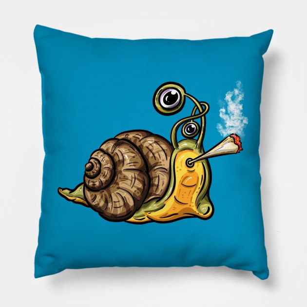 Toking Smoking Weed Snail Cartoon Illustration Pillow by Squeeb Creative