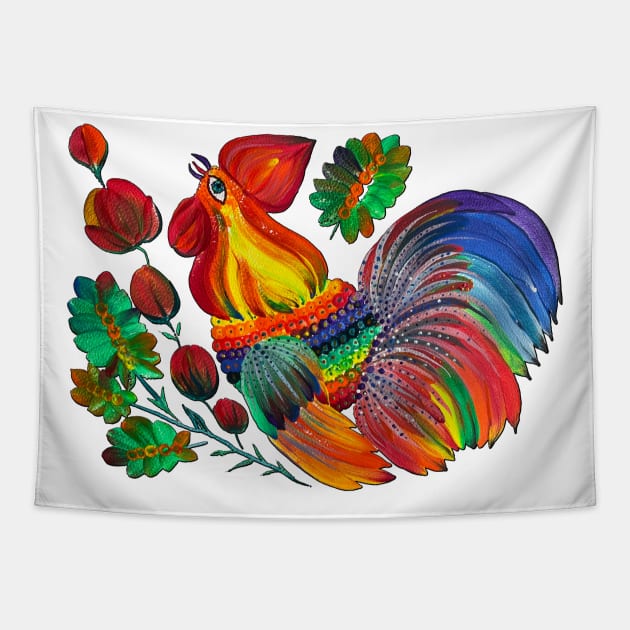 Magic cock. Petrykivka painting. Rainbow rooster Tapestry by Motanka