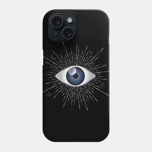 Blue Evil Eye Silver Eyelashes Sun Moon Star Nazar Mati Talisman on Black Phone Case