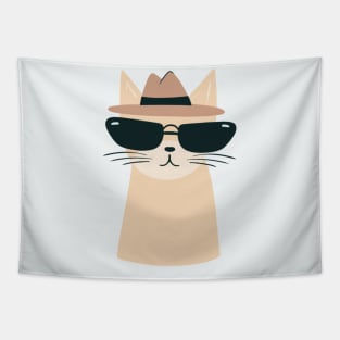 Dapper Cat Minimalism: Cream Fedora & Glasses Art Tapestry