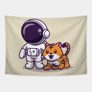 Cute Astronaut With Cute Tiger Cartoon Tapestry