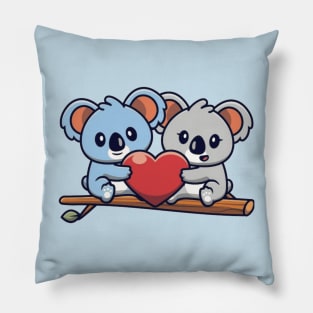 Cute koala couple holding heart on tree Pillow