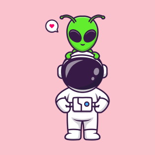 Cute Astronaut With Alien Cartoon T-Shirt