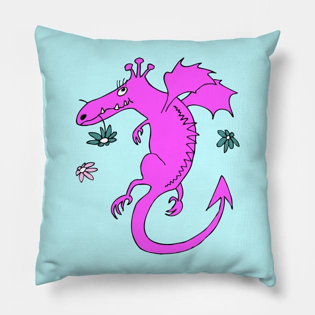 cute happy dragon in pink with flowers Pillow by kobyakov