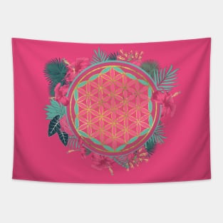 Flower of life with tropical flower wreath Tapestry