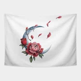 Romantic Half Crescent Moon with Roses and Leaves Tapestry