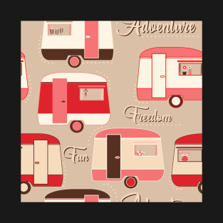 Repeat pattern of cute vintage caravans in retro colours pinks on beige T-Shirt