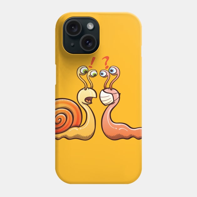 A snail carrying its shell and a slug wearing a face mask have an encounter Phone Case by zooco