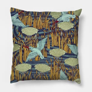 KINGFISHERS AND FLOWERING RUSH Art Nouveau Floral Pattern Pillow