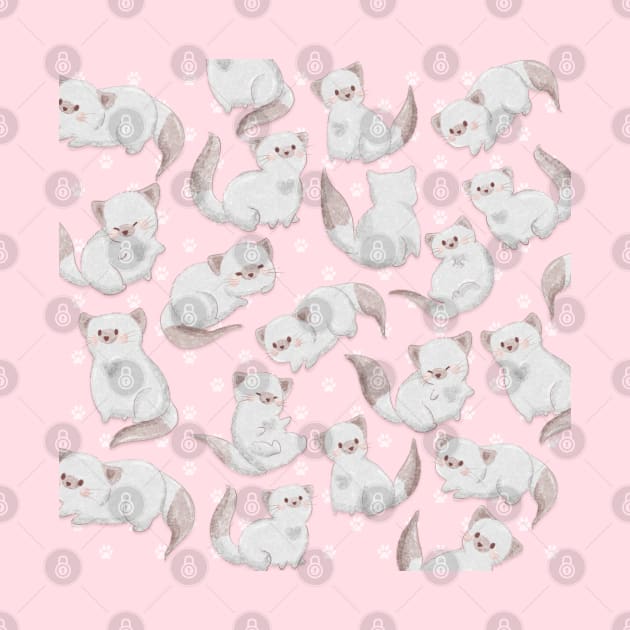 White Kitty Cat Patten and Paw Prints on Pink by Irene Koh Studio