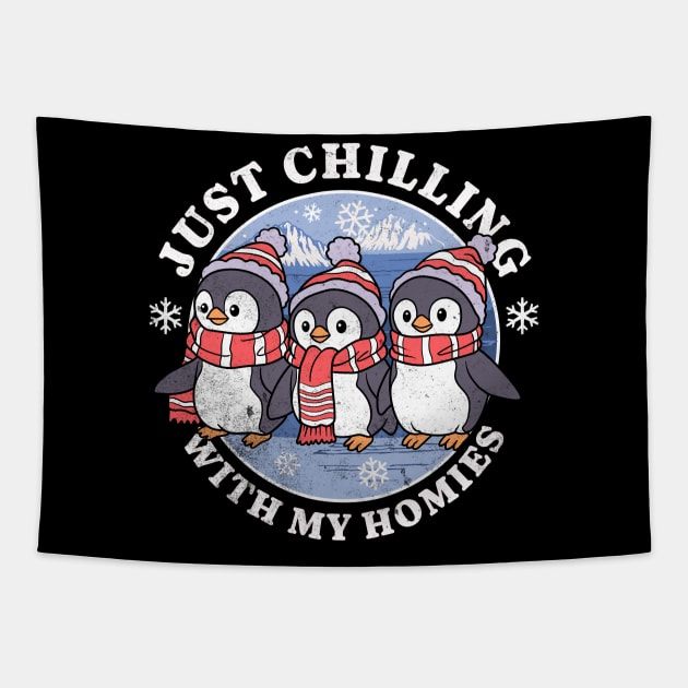 Just Chilling with my Homies Penguins Tapestry by DetourShirts