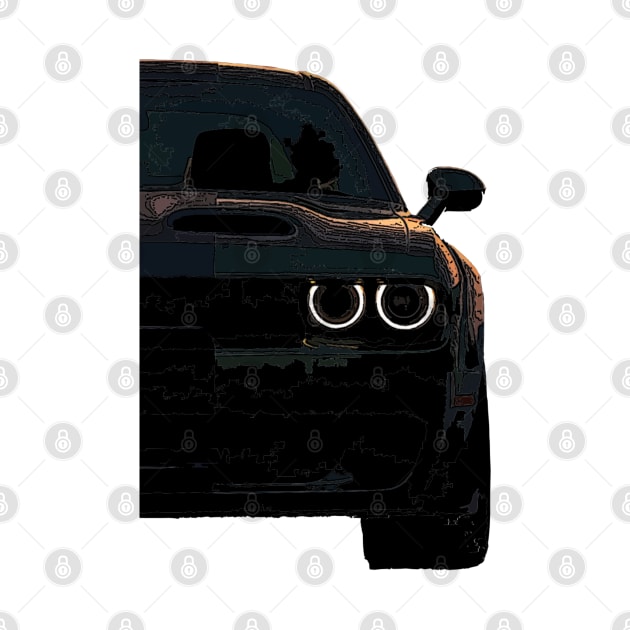 Dark Fury: BLACK Dodge Challenger Fiery Front Half Body Posterize Car Design by GearHead Threads