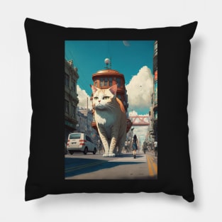 Giant cat walking on the street Pillow