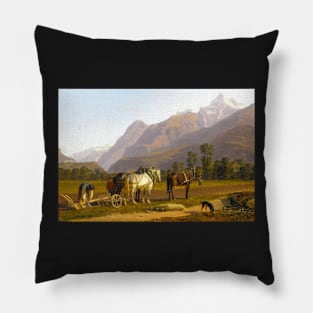 Ploughmen And Horses In The Canton Of Valais By Johann Jakob Biedermann Digitally Enhanced Pillow