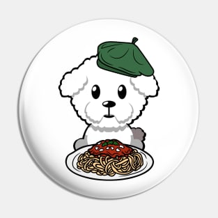 Cute furry dog eating spaghetti Pin