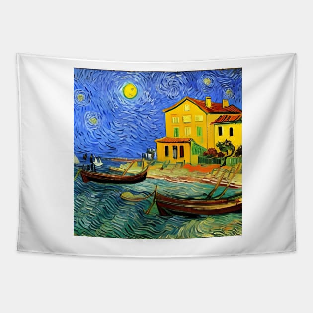 Italy Seaside in Van Gogh Style Tapestry by Crestern