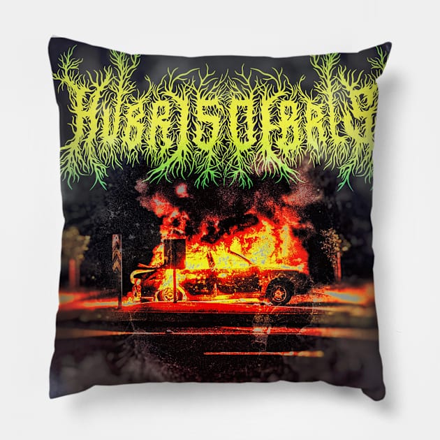 Hubris Debris Burning Car Pillow by Hubris Debris