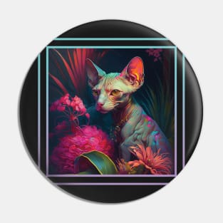 Wrinkled Sphynx Cat Vibrant Tropical Flower Digital Oil Painting Portrait Pin