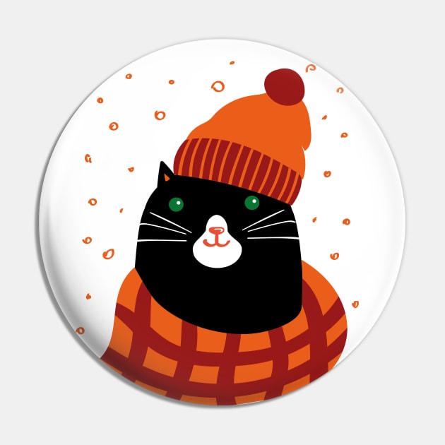 Black cat dressed in warm knitted hat and scarf Pin by Agras