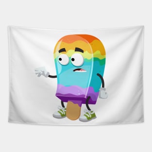 cartoon scared rainbow colors ice cream on a stick mascot in sneakers Tapestry