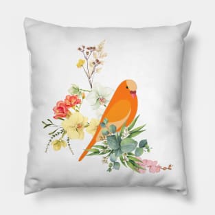 Blooming Flowers and Orange Color parrot Colorful Art Pillow