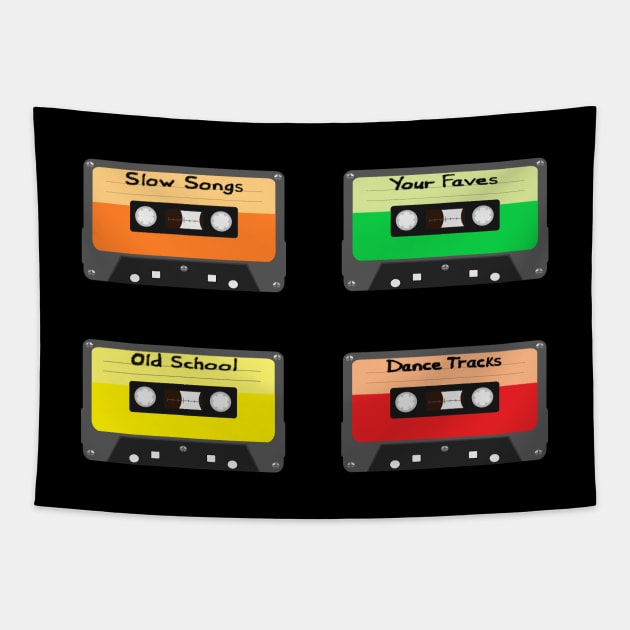Mixtapes Pack. Set of Four Retro Cassette Mix Tapes in Vintage Colors. Slow Songs, Your Faves, Old School and Dance Tracks. (Black Background) Tapestry by Art By LM Designs 