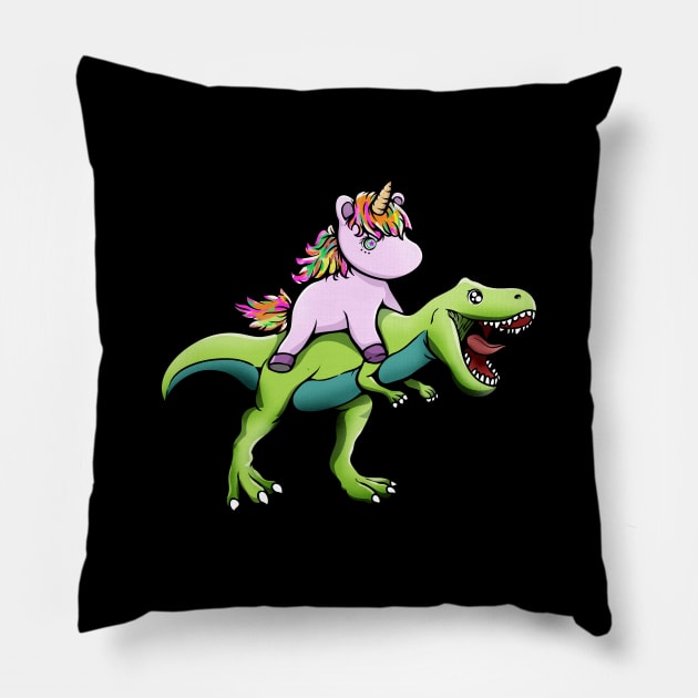 Unicorn Riding Dinosaur Pillow by theglaze