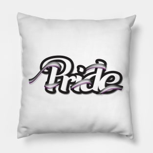 Asexual pride flag colored ribbon wrapped around the letters of the word PRIDE Pillow