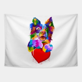 Colorful Dog Hugging Dripping Heart. Tapestry