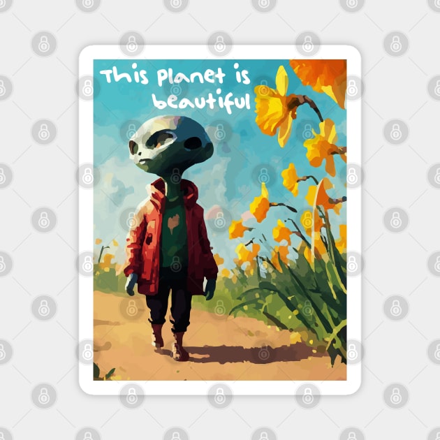 Alien walking through a vast field of yellow daffodils Magnet by Megadorim