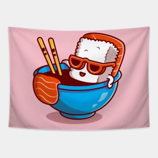 Cute Salmon Sushi In The Shoyu Sauce Cartoon Tapestry