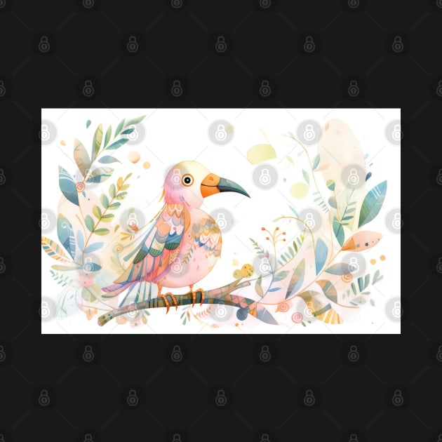Whimsical and Cute Watercolor Bird by A Badger