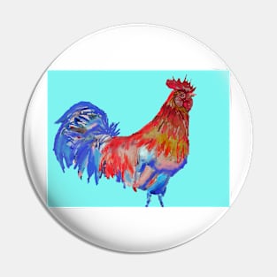 Rooster Watercolor Painting Aqua Blue Pin