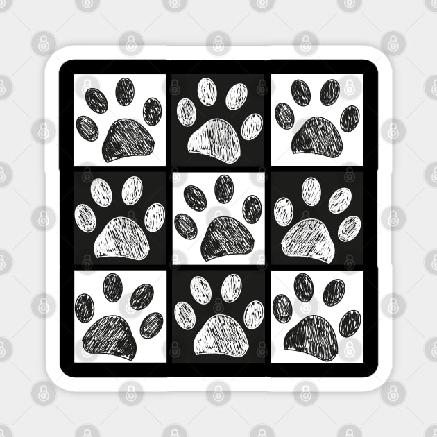 Black and white square with doodle paw print Magnet by GULSENGUNEL