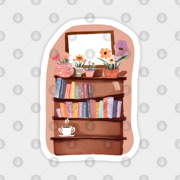 Cute Bookshelf with Flowers and Books and Coffee Cup Magnet by FarmOfCuties