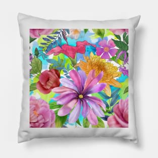 Tropical flowers watercolor print. Hibiscus, Peony, Star Magnolia, Chrysanthemum flowers. Colorful summer jungle Pillow