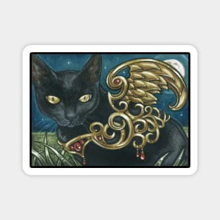 The Black Cat With Golden Wings - Black Outlined Version Magnet