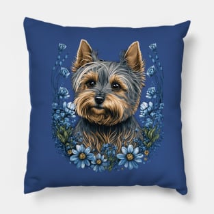 Scottish Terrier and Blue Flowers Pillow