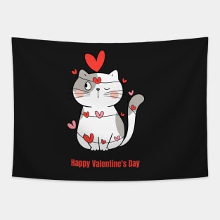 Colorful Illustrated Cute Cat Happy Valentine's Day Tapestry